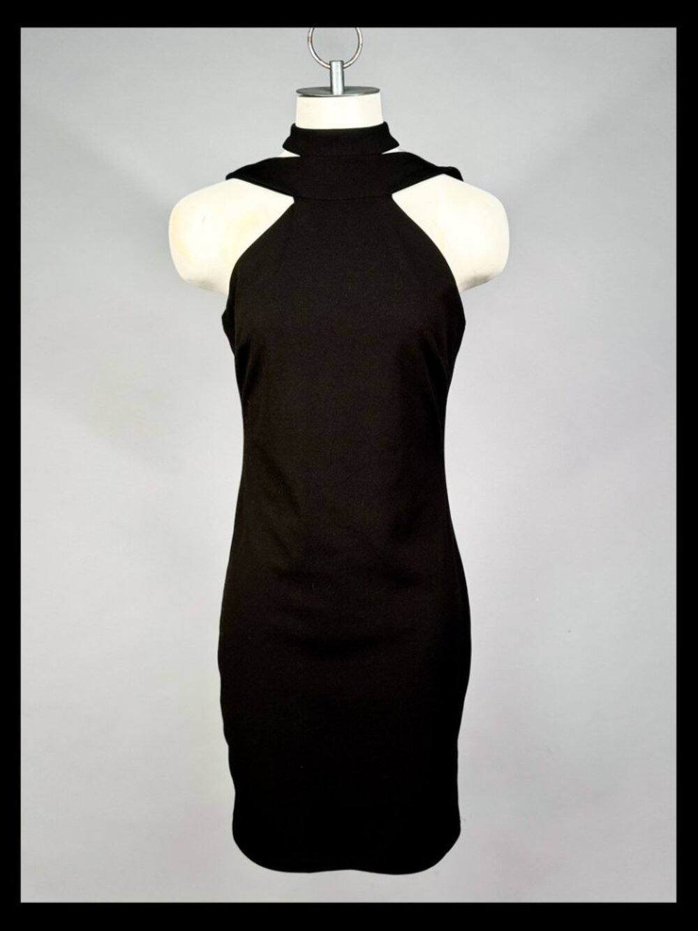 bebe mock neck shoulder cutout open back bodycon mini
